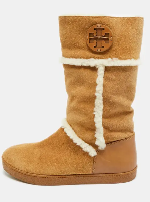 Tory Burch Amalia Size 38 Beige Fur and Suede Ankle Length Boots