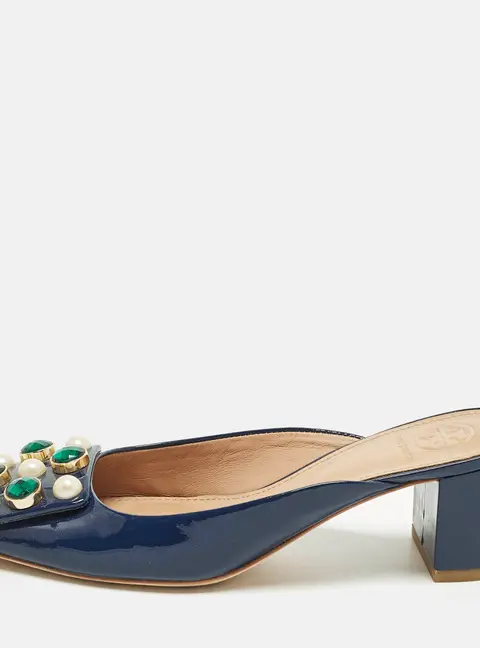 Tory Burch Size 36 Navy Blue Patent Leather Crystal Embellished Mules
