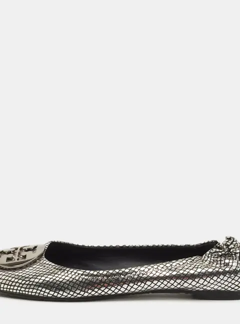 Tory Burch Reva Size 39 Metallic Silver/Black Leather Ballet Flats