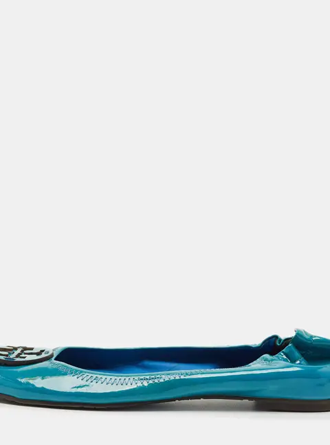 Tory Burch Blue Patent Leather Minnie Travel Ballet Flats Size 38.5