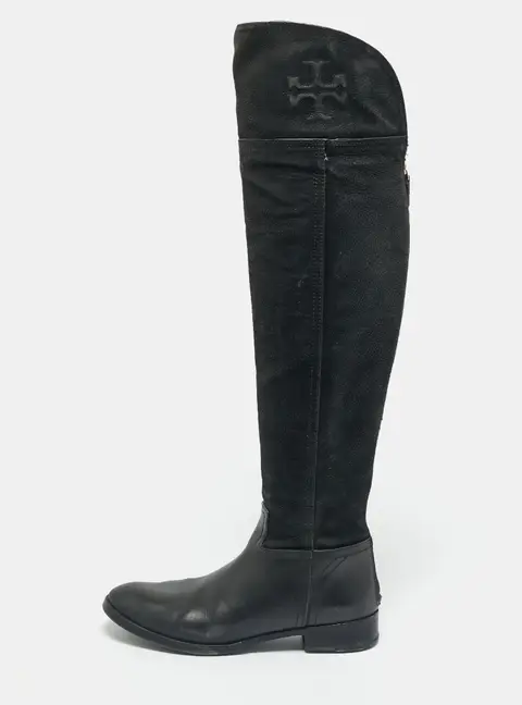 Tory Burch Black Leather and Nubuck Leather Knee Length Boots Size 37.5