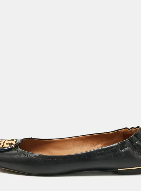 Tory Burch Black Leather Minnie Travel Scrunch Ballet Flats Size 38
