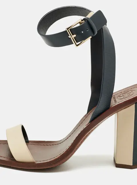 Tory Burch Navy Blue/Cream Leather Ankle Strap Block Heel Sandals Size 38.5