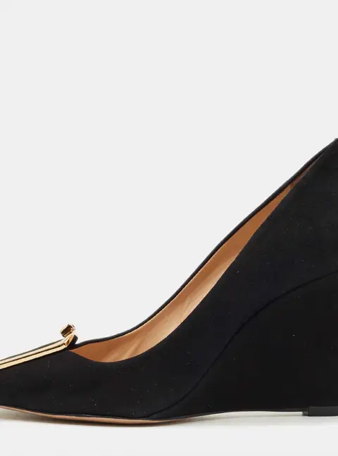 Tory Burch Black Suede Peep Toe Wedge Pumps Size 40