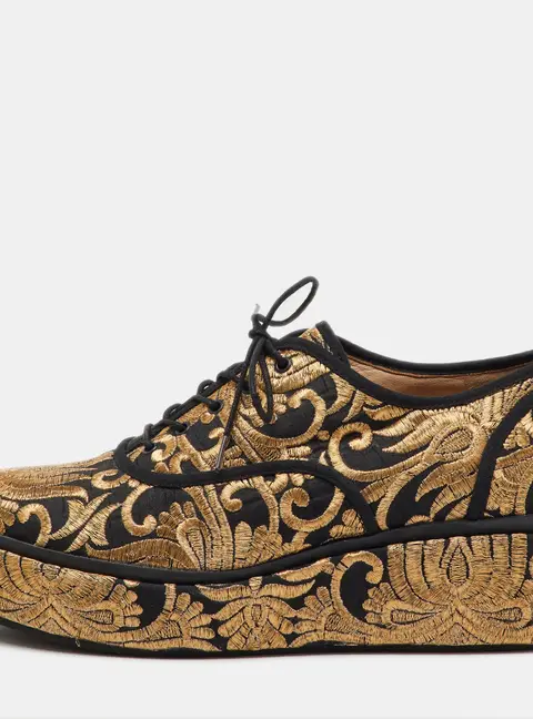Tory Burch Black/Gold Brocade Fabric Arden Platform Oxfords Size 38.5