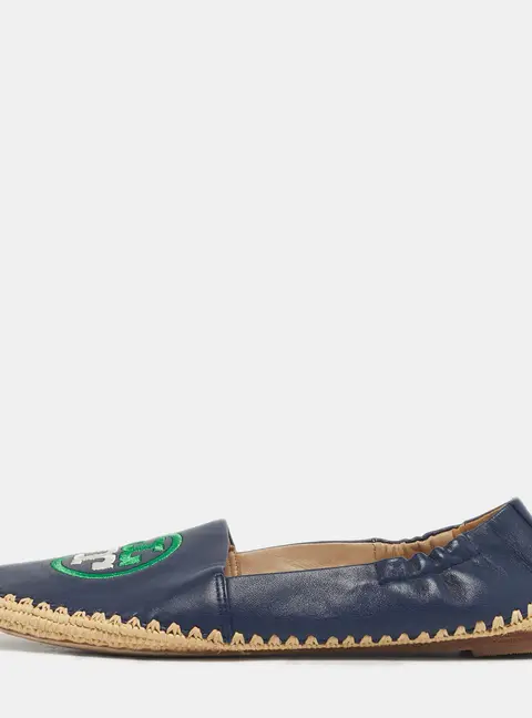 Tory Burch Navy Blue Leather Ines Espadrille Flats Size 37.5