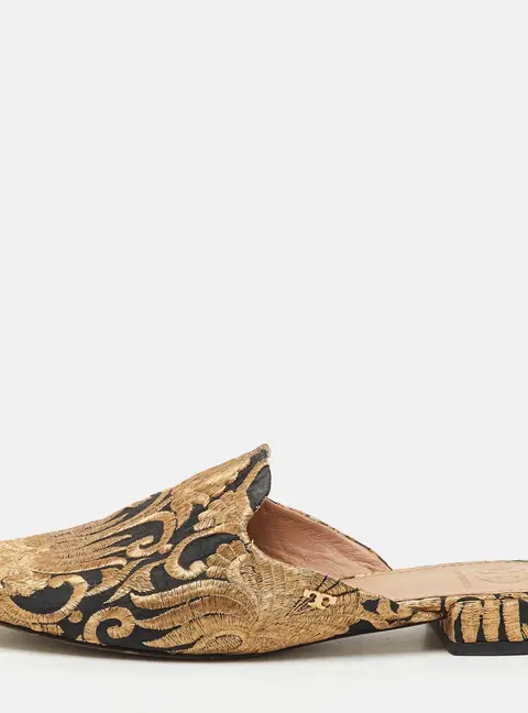Tory Burch Black/Gold Brocade Fabric Flat Mules Size 37