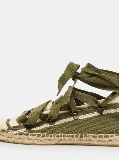 Tory Burch Green/White Stripe Canvas Ankle Wrap Espadrille Flats Size 37