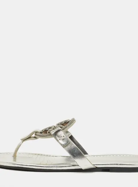 Tory Burch Silver Leather Miller Thong Sandals Size 37.5