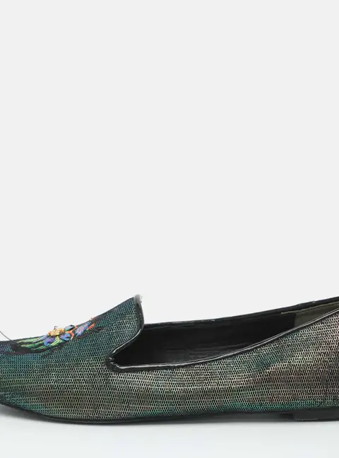 Tory Burch Beetle Embroidered Size 38 Green Iridescent Fabric Smoking Slippers