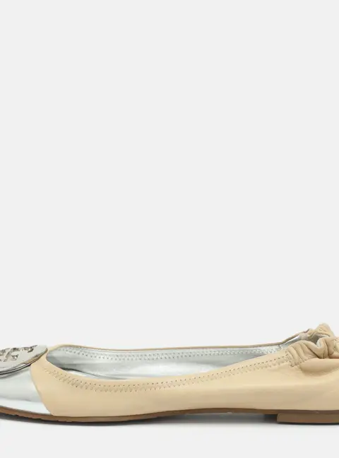 Tory Burch Reva Size 38.5 Beige/Silver Leather Ballet Flats