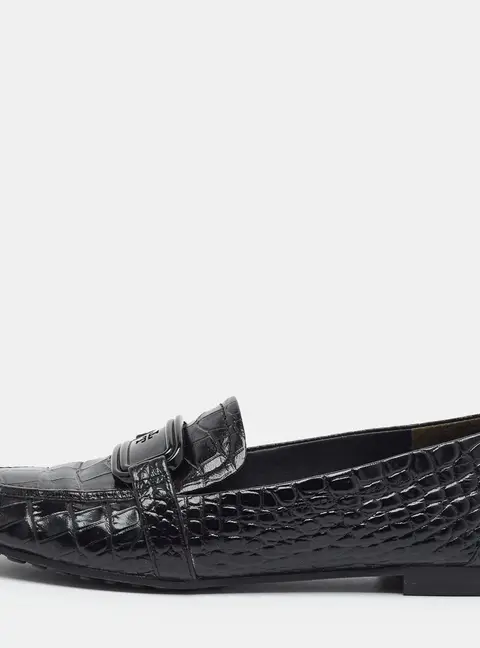 Tory Burch Size 36 Black Croc Embossed Leather Penny Loafers