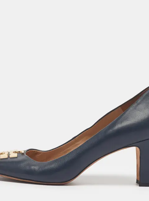 Tory Burch Janey Size 40 Navy Blue Leather Block Heel Pumps