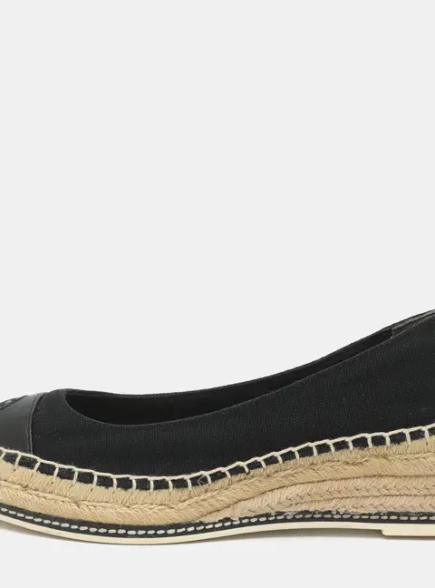 Tory Burch Size 37 Black Canvas and Leather Espadrille Platform Wedge Pumps