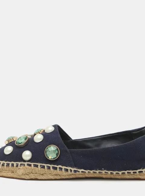 Tory Burch Vail Size 39 Navy Blue Canvas Crystal/Faux Pearl Embellished Espadrille Flats