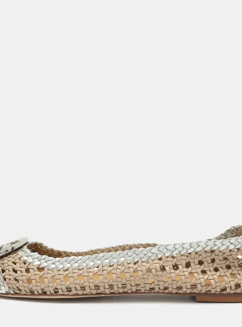 Tory Burch Chelsea Size 37.5 Beige/Silver Woven Leather Ballet Flats
