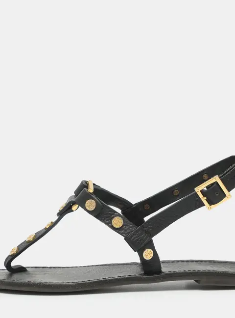 Tory Burch Size 38 Black Leather Studded Thong Slingback Sandals