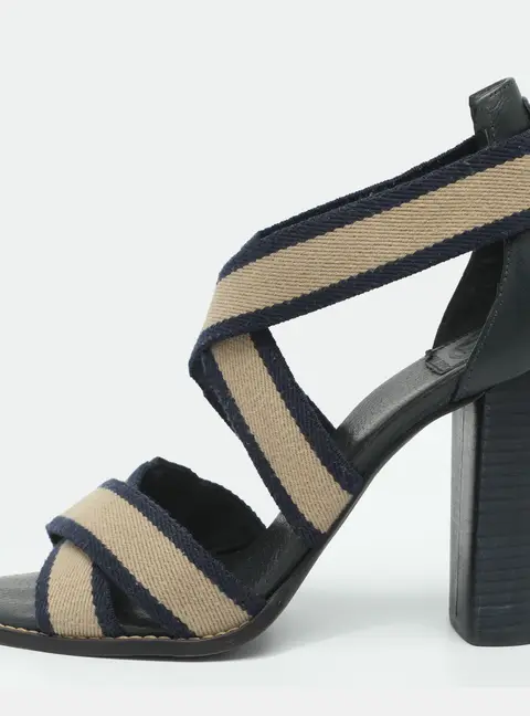 Tory Burch Laurie Size 39.5 Beige/Navy Blue Elastane and Leather Sandals