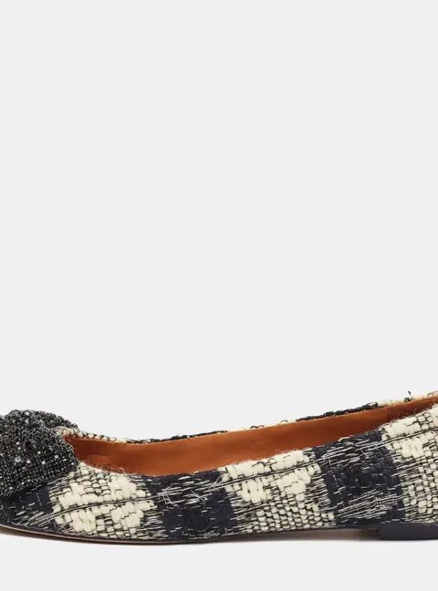 Tory Burch Size 38.5 Black/White Tweed Crystal Bow Ballet Flats