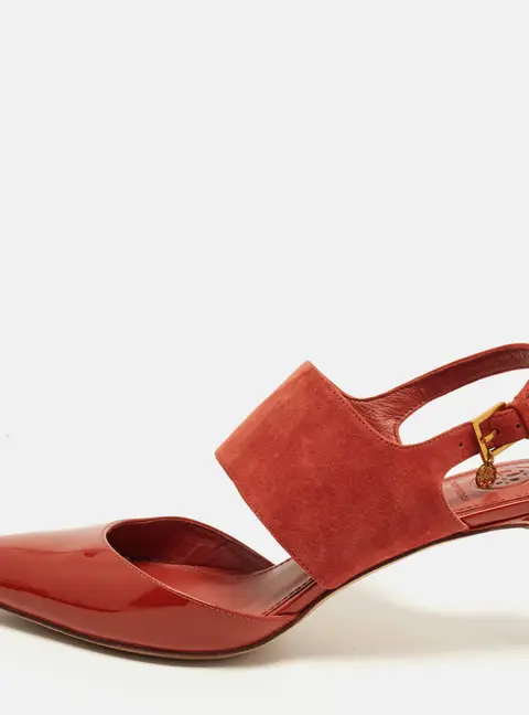 Tory Burch Ashton Size 37.5 Orange Patent Leather and Suede Slingback Pumps