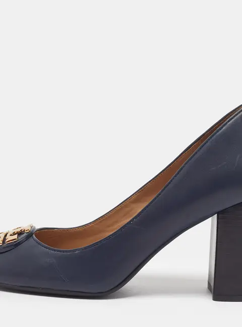 Tory Burch Janey Size 37.5 Navy Blue Leather Block Heel Pumps