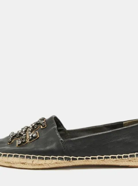 Tory Burch Ines Size 38.5 Black Leather Espadrille Flats