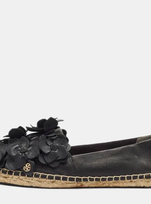 Tory Burch Blossom Size 37 Black Leather Floral Appliqu&eacute; Espadrille Flats