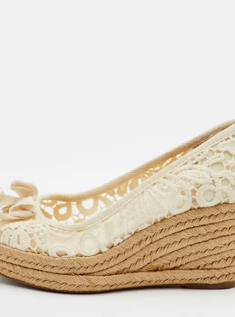 Tory Burch Size 37.5 White Lace Espadrille Platform Wedge Pumps