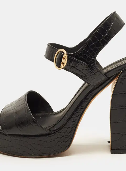 Tory Burch Martine Size 37.5 Black Croc Embossed Leather Platform Sandals