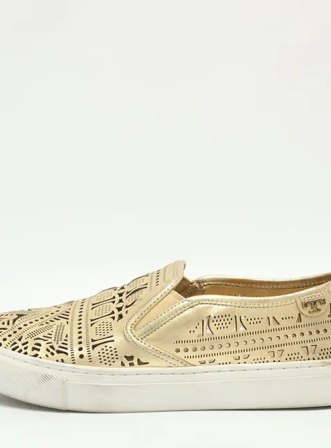 Tory Burch Roselle Cut-Out Size 37.5 Gold Leather Slip On Sneakers