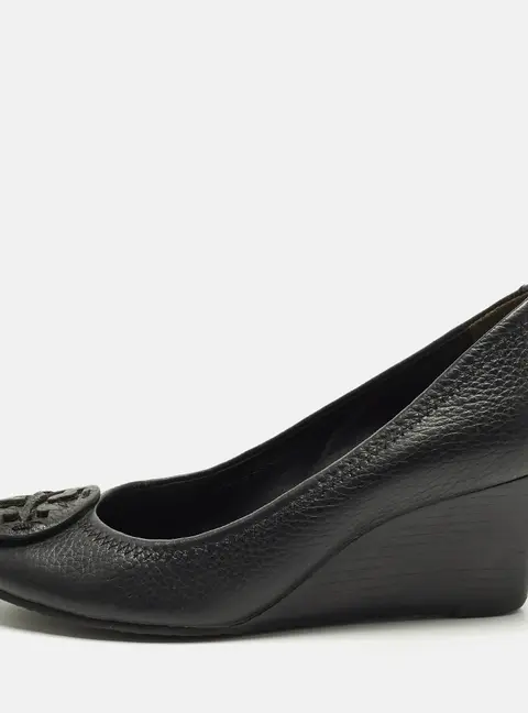 Tory Burch  Size 36 Black Leather Sophie Peep Toe Wedge Pumps