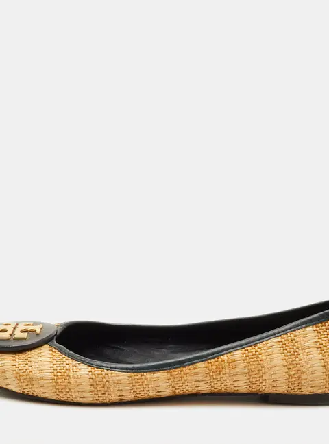 Tory Burch Reva Size 39.5 Beige/Dark Green Raffia and Leather Ballet Flats