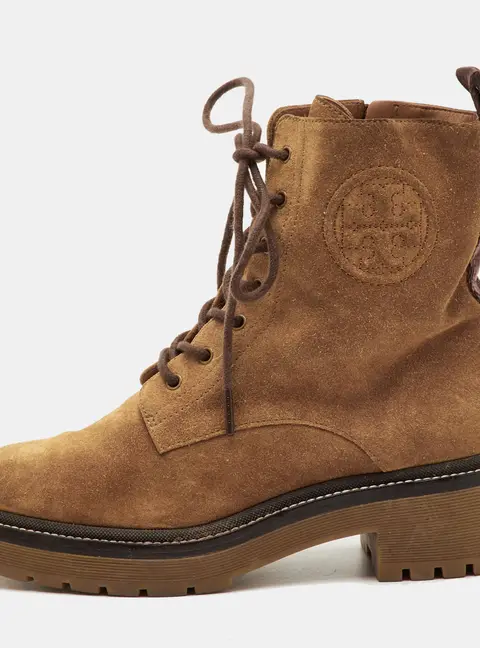 Tory Burch Miller Size 36.5 Tan Suede Lug Sole Lace Up Combat Boots