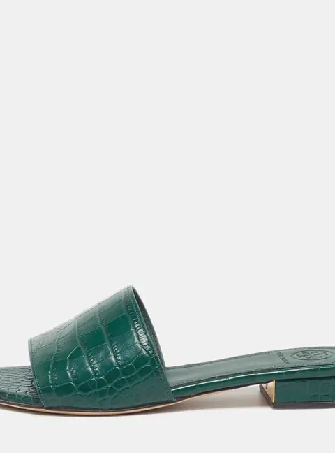 Tory Burch Martine Size 35.5 Green Croc Embossed Leather Slide Sandals