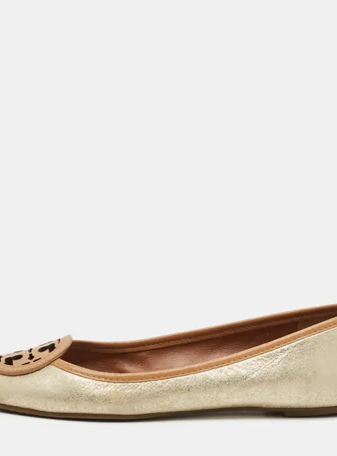 Tory Burch Reva Size 36 Gold/Brown Metallic Leather Logo Ballet Flats