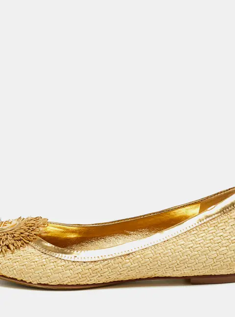 Tory Burch Reva Size 35 Gold/Brown Raffia And Leather Logo Ballet Flats