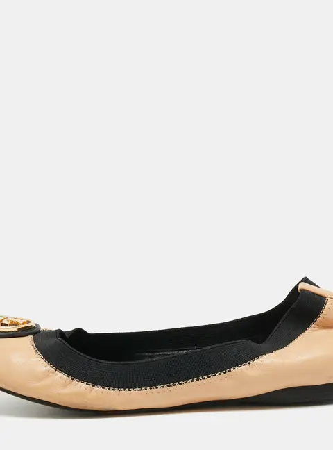 Tory Burch Caroline Size 37 Cream Elastic and Leather Scrunch Ballet Flats