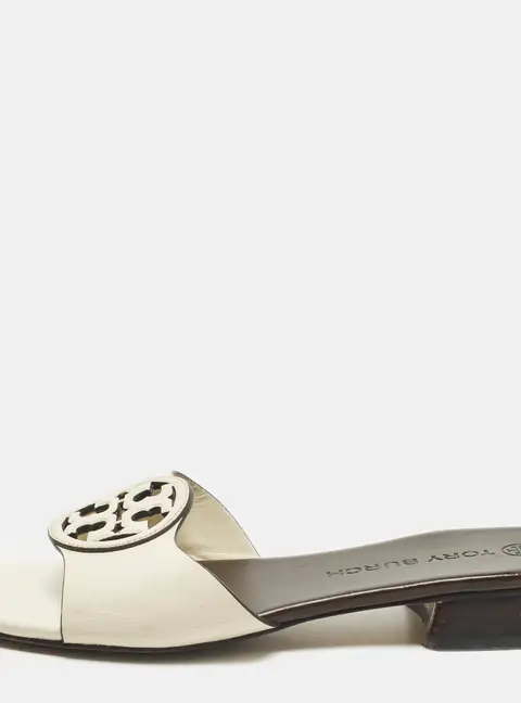 Tory Burch Bombe Miller Size 38 Cream/Dark Brown Leather Slide Sandals