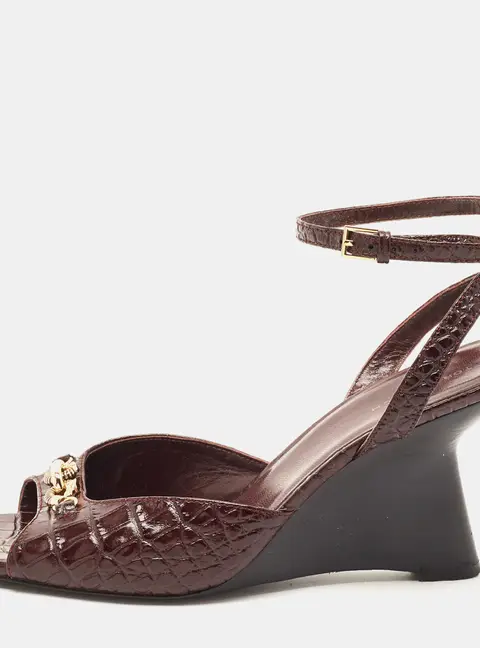 Tory Burch Jessa Size 38.5 Burgundy Crocodile Leather Wedge Sandals
