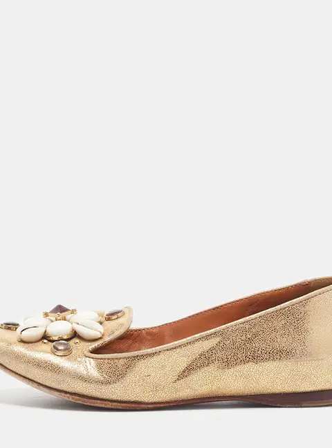 Tory Burch Size 35 Gold Texture Suede Embellishment Smoking Slippers