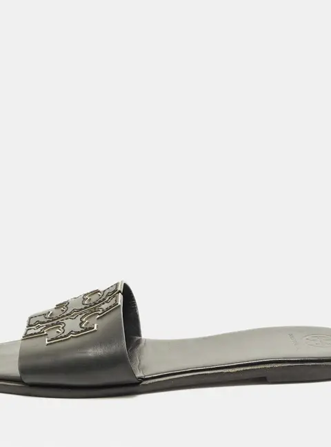 Tory Burch Double T Size 39.5 Black Leather Flat Slides