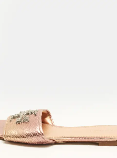 Tory Burch Eleanor Size 37 Metallic Snakeskin Embossed Leather Flat Slide Sandals
