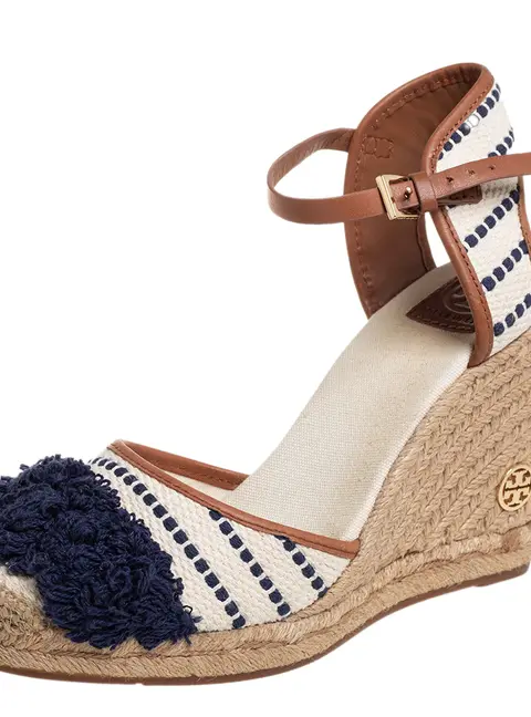 Tory Burch Multicolor Canvas And Leather Trim Wedge Espadrille Ankle Strap Sandals Size 40