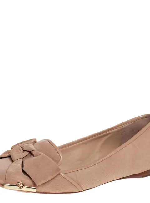 Tory Burch Metallic Beige Fabric Bow Ballet Flats Size 40