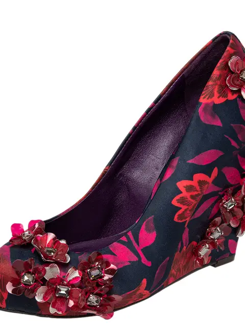Tory Burch Red/Black Floral Print Satin Elmira Wedge Pumps Size 36.5