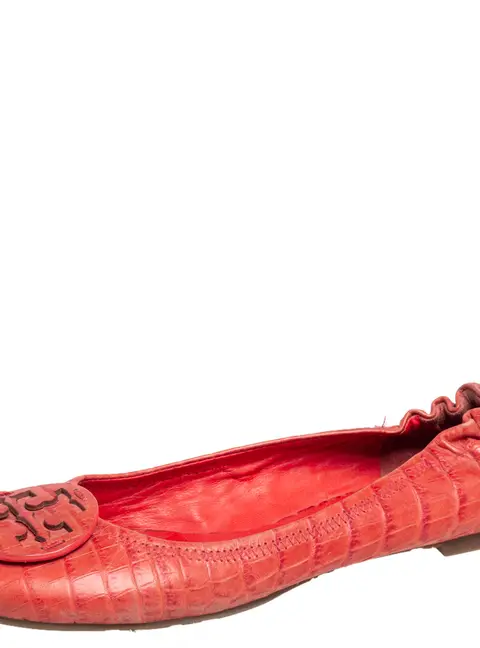 Tory Burch Orange Croc Embossed Leather Minnie Travel Ballet Flats Size 36