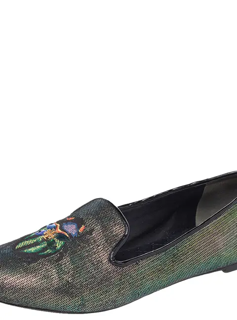 Tory Burch Multicolor Iridescent Leather Beetle Embroidered Smoking Slippers Size 38.5