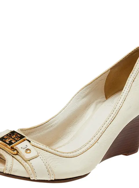 Tory Burch Cream Leather Peep Toe Pumps Size 37.5