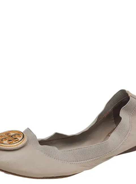 Tory Burch Grey Leather Carolina Scrunch Ballet Flats Size 37
