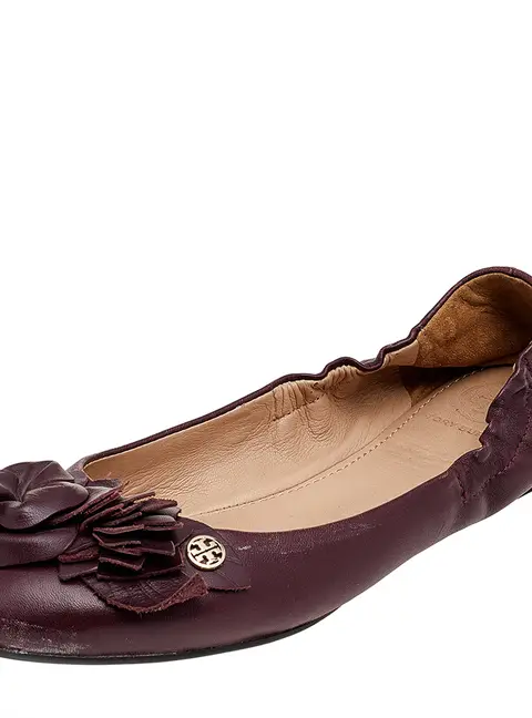 Tory Burch Burgundy Leather Flower Scrunch Ballet Flats Size 35.5
